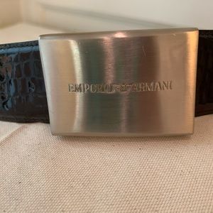 Vintage Emporio Armani brown embossed leather belt with metal logo buckle.